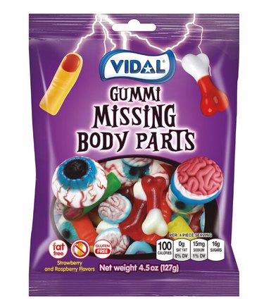 Missing Body Parts Candies from JOANN in a 4.5 ounce bag. There are gummy eyeballs, bones, fingers, and more.