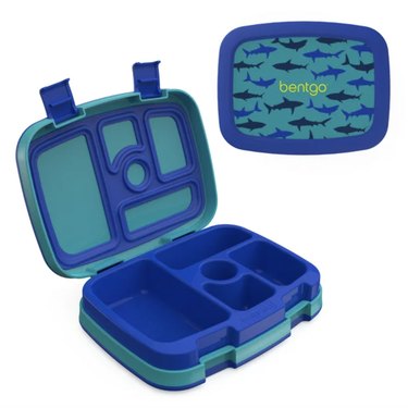 Teal and navy blue colored bento box with a shark pattern on the front of the box. The interior has compartments of many different shapes and sizes.