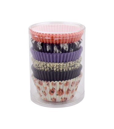 150 Festive Halloween Baking Cups from JOANN in patterns like pumpkins, ghosts, spiderwebs, and solid colors.