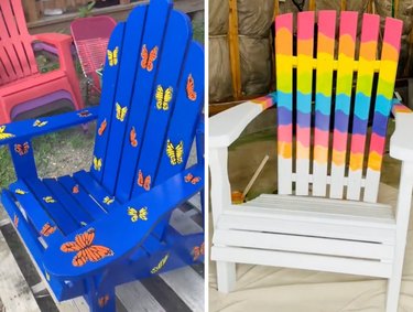 Two painted Adirondack chairs, one blue with orange and yellow butterflies and the other with rainbow stripes