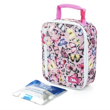 Pink rectangular lunch box with a main zippered compartment and a multicolored butterfly pattern.