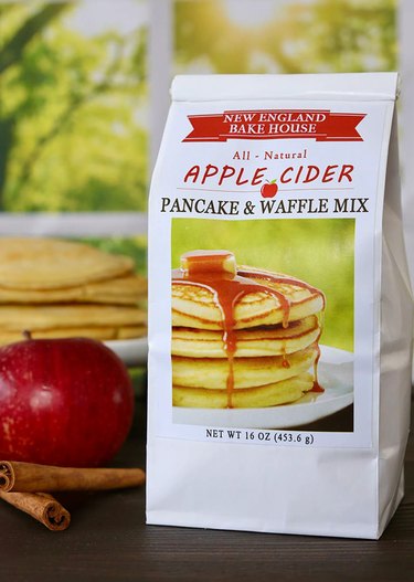 White-and-red package with image of pancakes on the front