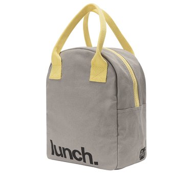 Light gray canvas lunch tote with yellow handles and a matching zipper. At the bottom of the tote the word "lunch." is printed in bold black letters.