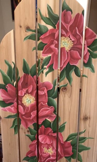 Wood Adirondack chair painted with pink peonies