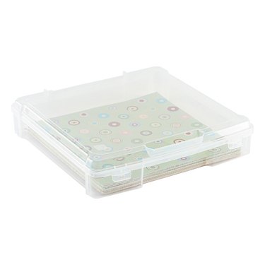 Clear storage box with paper inside