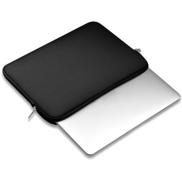 Fysho Slim Laptop Sleeve Case in black shown with a silver laptop against a white background.