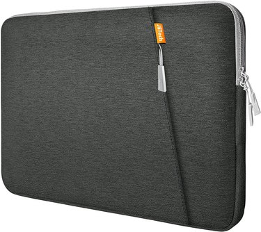 Jetech Waterproof Laptop Sleeve Case in dark gray with light gray zippers and pulls. The pocket on the front has a diagonal opening.