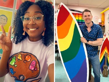 Collage featuring two art teachers, one Black woman with curly black hair and a peace sign, another with a caucasian man in a blue shirt holding a rainbow-patterned surfboard