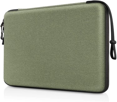 Army green hardshell laptop case with a black zipper and a carrying strap.