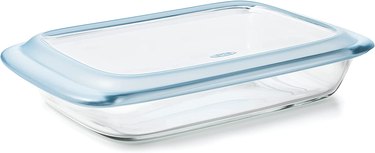 OXO 3-quart glass casserole dish with tight-fitting storage lid, shown on a white ground