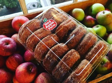 A dozen apple donuts packaged in a clear container atop green and red apples