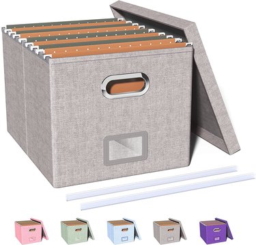 Gray storage box with a lid and hanging folders