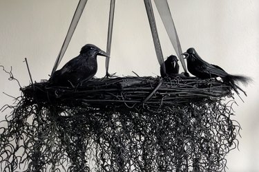 black Halloween wreath chandelier with crows