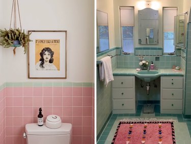 Collage featuring two vintage tile bathrooms, one pink and one blue