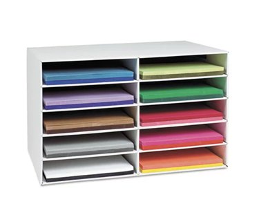 Ten shelves holding multi-colored papers