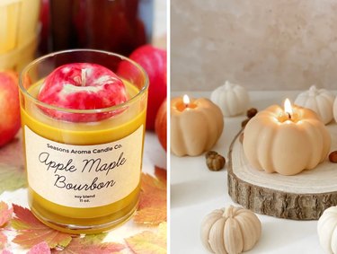 Collage with two fall candles, one apple maple bourbon and the other mini pumpkins