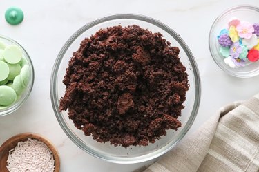 Chocolate cake crumbs in a bowl