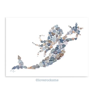 Front of greeting card showing mermaid silhouette made from small rocks