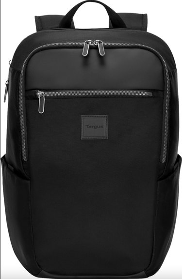Sleek black backpack with front zipper that has a tapered shape.