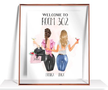 Personalized roommate art print that says 'Welcome to Room 302' and has an illustration of two girls posed from behind with space for their names and unique traits like a cocktail glass and shopping bags.
