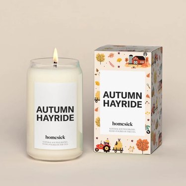 Autumn Hayride Candle from Homesick against a beige background. The glass jar is quite tall and the decorative box it comes in has cute fall illustrations on it.