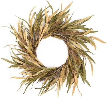Fall Wheat Wreath from Amazon against a white background. The 18-inch wreath features artificial wheat and eva grass.