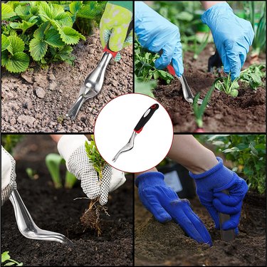 Four photos of the Mr. Pen Hand Weeding Tool being used around the garden and a white circle in the center with a full view of the weeding tool.