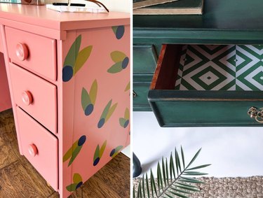 Side-by-side collage with a pink desk featuring green leaves and a dark turquoise desk drawer with a striped pattern inside