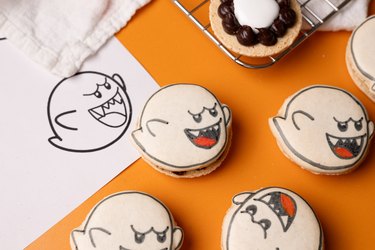 Finished Boo macarons with chocolate marshmallow filling