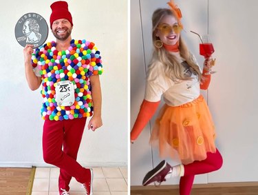 Side-by-side image featuring a person dressed up as a gumball machine and another person dressed in an orange tutu with a red beverage in her hand