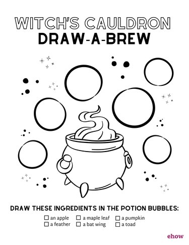 A coloring page featuring a witch's cauldron, bubbles and a drawing activity