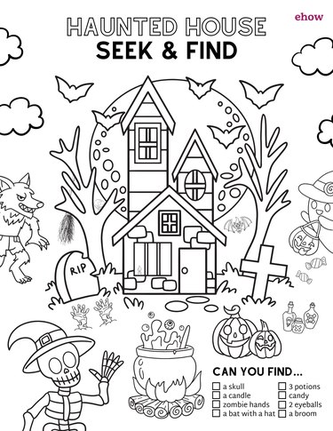 A coloring page featuring a seek and find activity and images of a haunted house, jack-o'-lanterns, a ghost, a werewolf and more