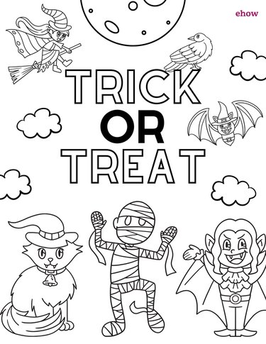 A coloring page featuring the words "trick or treat" and Halloween characters