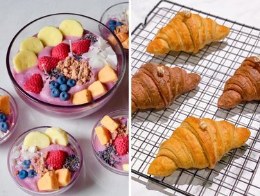 Collage with smoothie bowl-shaped candle on the left and croissant candles on the right