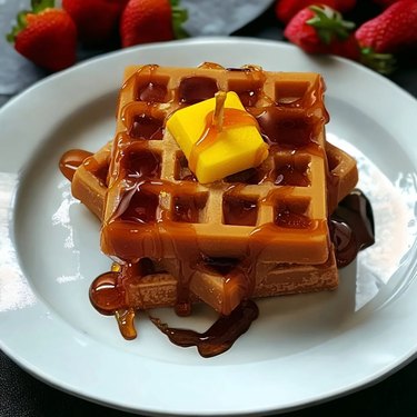 Candle shaped like a waffle with syrup and butter