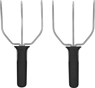 A pair of three-pronged stainless steel turkey forks with a rubberized grip