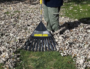 True Temper garden rake being used to rake up fall leaves.