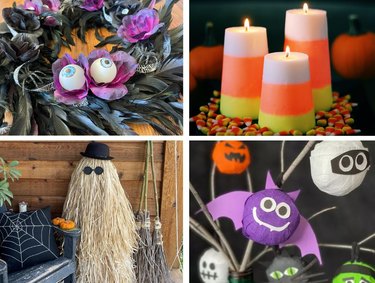 Best of Halloween crafts -- an eyeball wreath, candy corn candles, Cousin It decoration and Halloween surprise ball tree