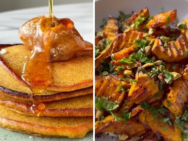 Side-by-side collage featuring a stack of pumpkin pancakes and a bowl of crinkly pumpkin fries