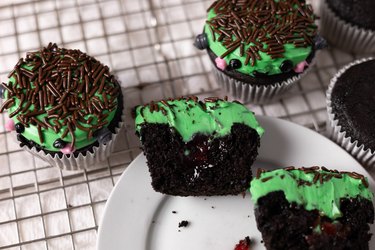 Frankenstein cupcakes with cherry jam filling