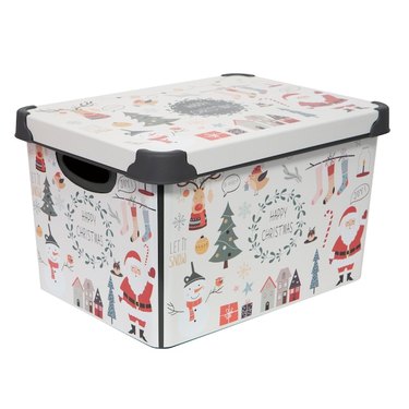 Christmas-themed white storage box with two side handles. The pattern includes Santa, a Christmas tree, reindeer, and snowman.