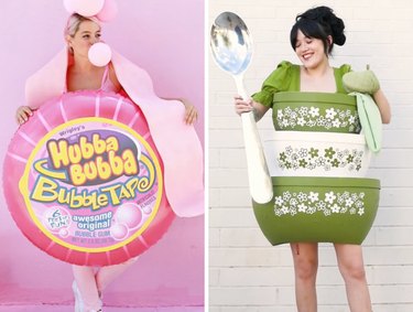 Collage featuring a woman dressed in a pink bubble gum tape costume and a woman dressed in a green Pyrex bowls costume