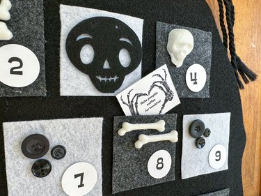 close-up of finished skeleton Halloween countdown calendar