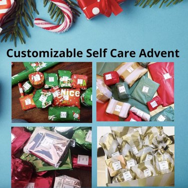 Blue graphic that says "Customizable Self Care Advent Calendar" with four photos showing different product options.