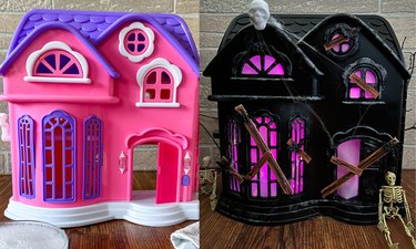 Finished haunted dollhouse with purple lights