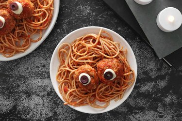 "Eyeball" meatballs spaghetti