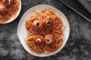 Eyeball meatballs with spaghetti