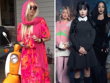 Collage featuring a woman in a pink and orange dress next to an orange scooter and three women dressed up as characters from "Wednesday"