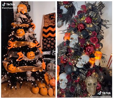 One Halloween Christmas tree with orange jack-o'-lanterns and ribbon and another with red flowers and golden skulls