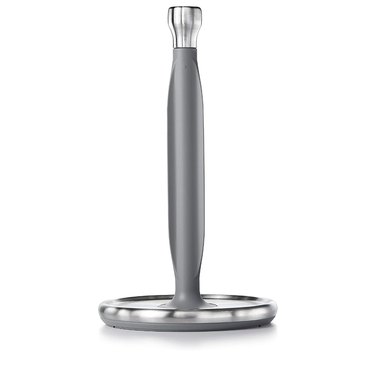 Freestanding paper towel holder with a stainless steel and gray finish.